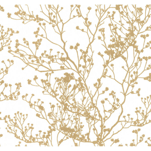 Ronald Redding Handcrafted Naturals White and Gold Budding Branch Silhouette Wallpaper, image 3