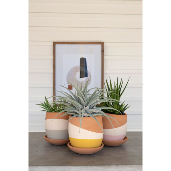 Multicolor Dipped Clay Pot with Clay Saucer, Set of Three, image 1