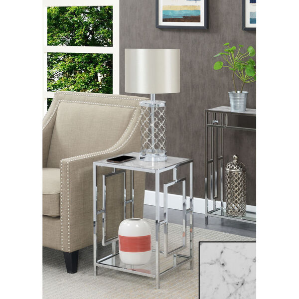 Town Square White Faux Marble and Chrome End Table with Shelf, image 2