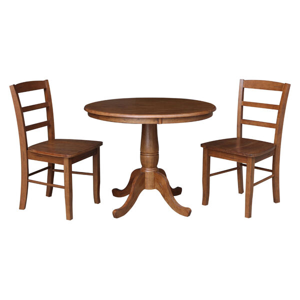 Distressed Oak 36-Inch Round Top Pedestal Dining Table with Two Ladderback Chair, Three-Piece, image 2