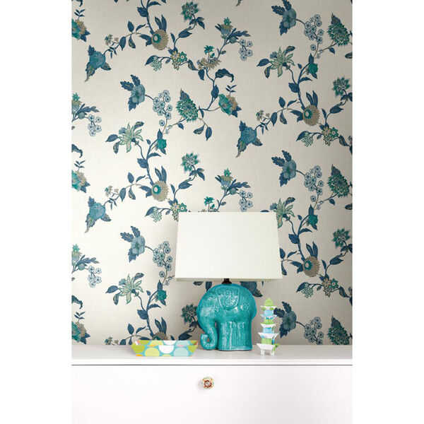 Waverly Global Chic Cream and Blue Graceful Garden Trail Wallpaper: Sample Swatch Only, image 2