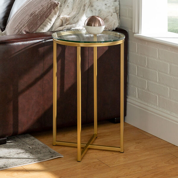 16-Inch Round Side Table - Glass/Gold, image 1