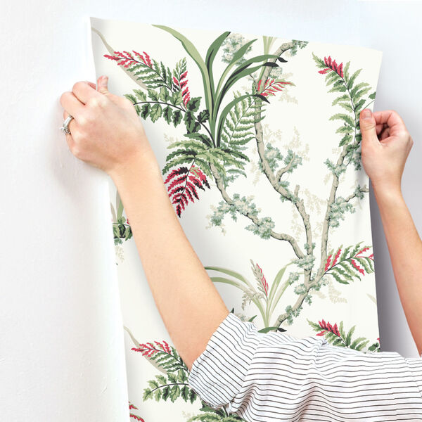 Grandmillennial Green Red Enchanted Fern Pre Pasted Wallpaper - SAMPLE SWATCH ONLY, image 3