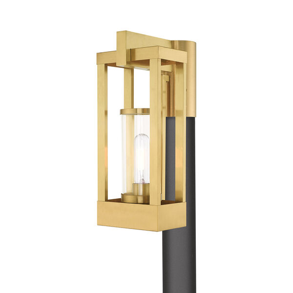 Delancey Satin Brass Post Top Lantern Transparent Glass, image 1