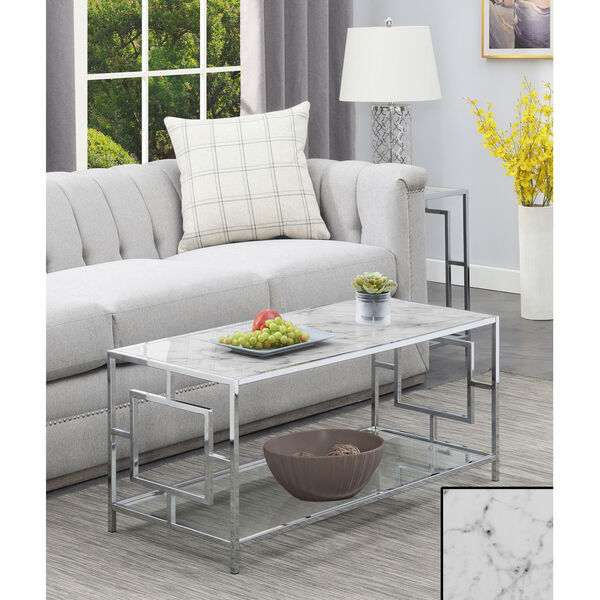 Town Square White Faux Marble and Chrome Coffee Table with Shelf, image 2