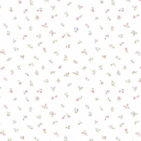 Shabby Rose Buds Pink, Green and Blue Wallpaper, image 1