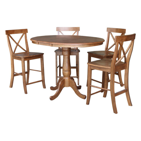 Distressed Oak 35-Inch Round Extension Dining Table with Four X-Back Stool, image 1