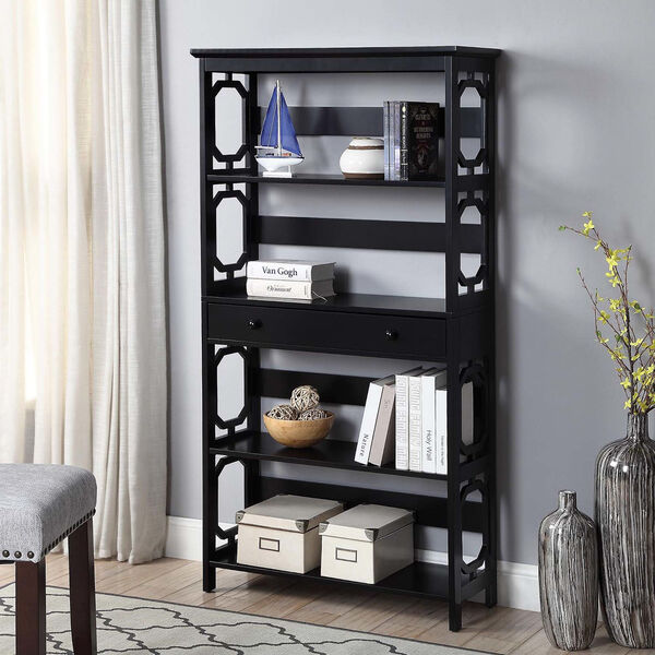 Omega Black 5 Tier Bookcase with Drawer, image 1
