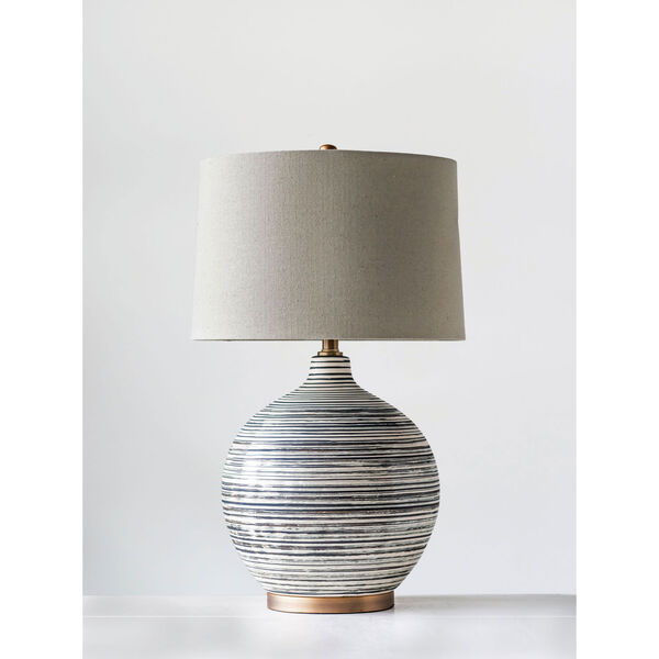 Collected Notions Textured Black and White Striped Ceramic Table Lamp with Grey Linen Shade, image 2
