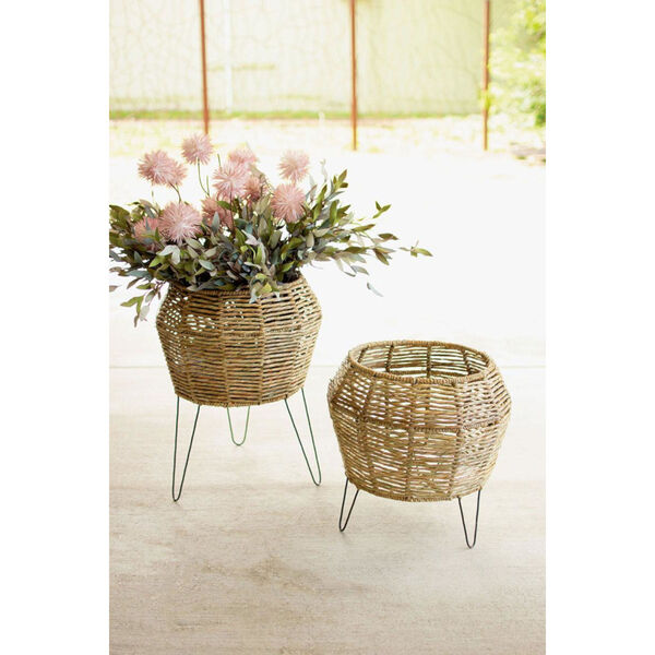 Beige Round Seagrass Planter on Iron Stand, Set of Two, image 1