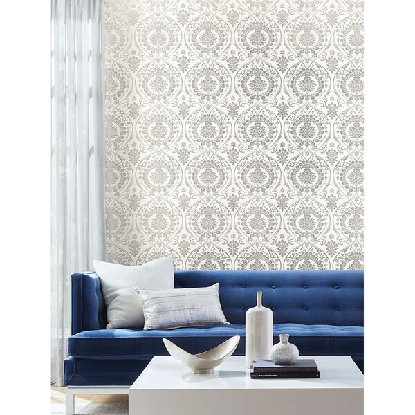 Damask Resource Library White and Silver 27 In. x 27 Ft. Imperial Wallpaper, image 1