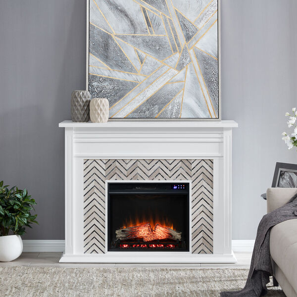 Hebbington White and gray Tiled Marble Electric Fireplace, image 1