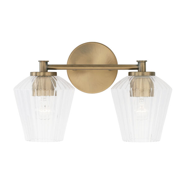 Beau Aged Brass Two-Light Bath Vanity with Clear Fluted Glass Shades, image 2