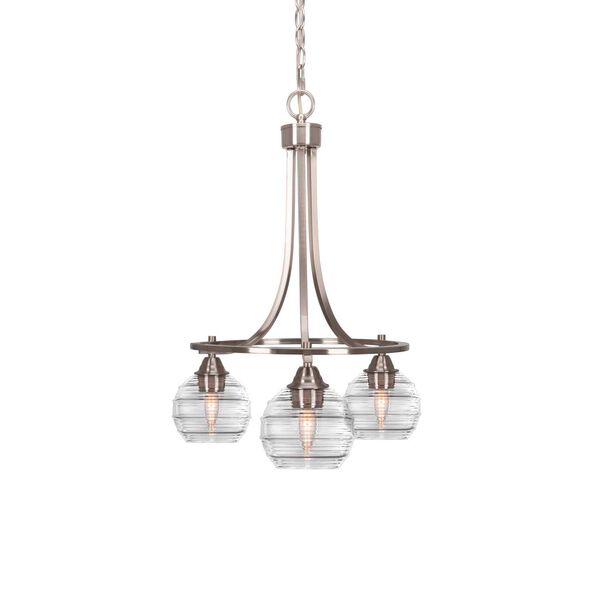 Paramount Brushed Nickel Three-Light Chandelier with Clear Round Ribbed Glass, image 1