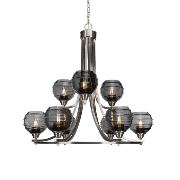 Paramount Brushed Nickel 31-Inch Nine-Light Chandelier with Smoke Ribbed Glass Shade, image 1