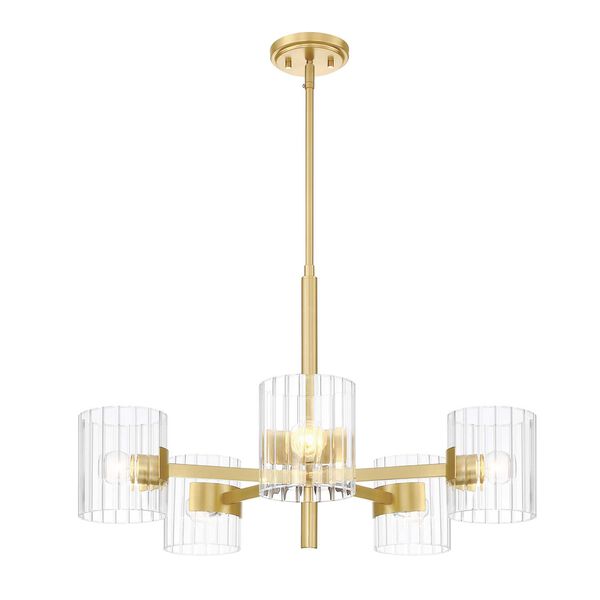 Aries Brushed Gold Five-Light Chandelier with Ribbed Glass Shades, image 1