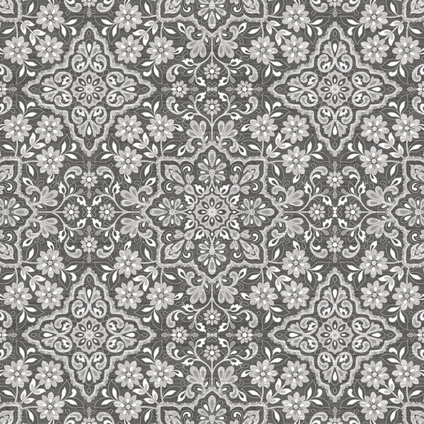 Black, Grey and Metallic Silver Floral Tile Wallpaper, image 1