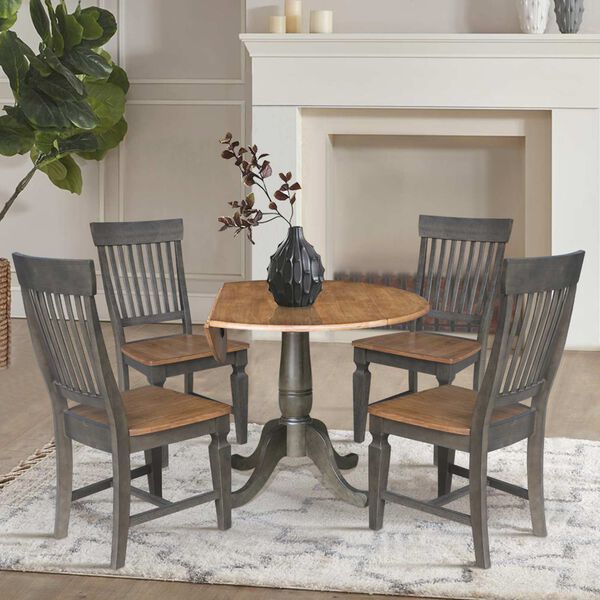 Hickory Washed Coal Round Dual Drop Leaf Dining Table with Four Slatback Chairs, 5 Piece Set, image 4