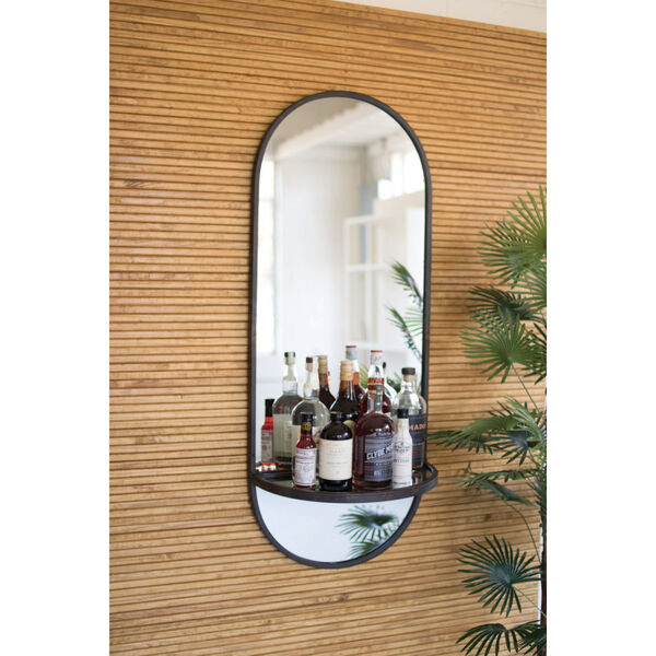 Raw Metal 18-Inch Tall Oval Wall Mirror With Folding Metal Shelf, image 1
