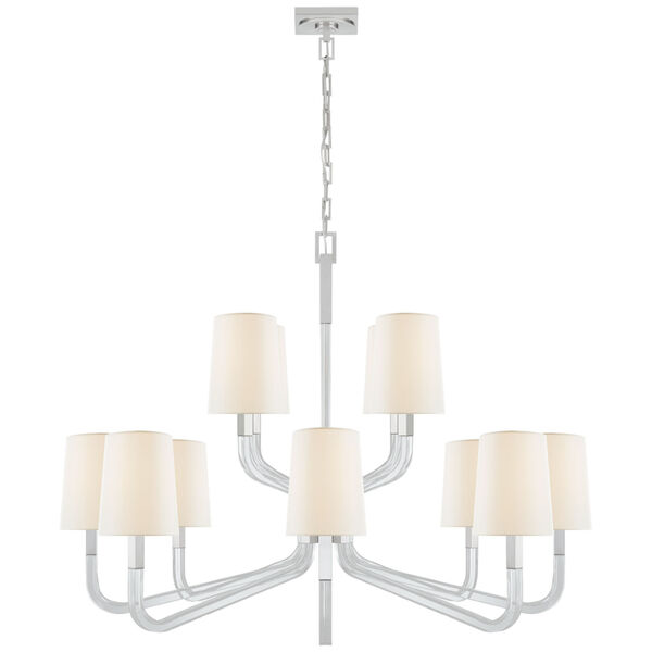 Reagan Grande Two Tier Chandelier in Polished Nickel and Crystal with Linen Shades by Chapman  and  Myers, image 1