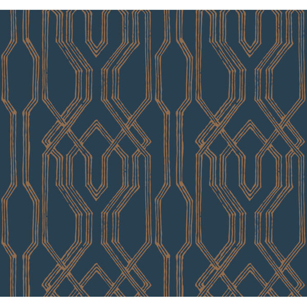 Ronald Redding Tea Garden Blue and Gold Oriental Lattice Wallpaper, image 2