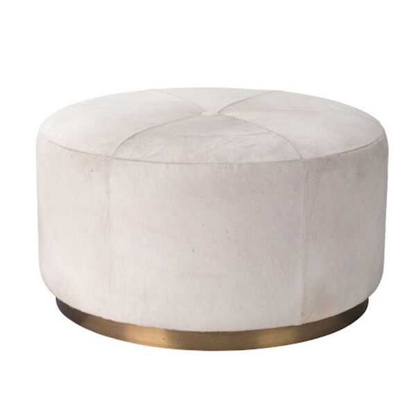 Diana White Hide and Antique Brass Metal 30-Inch Round Pouf, image 1