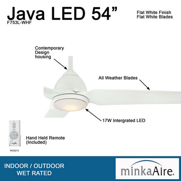Java Flat White 54-Inch One-Light Outdoor LED Fan, image 3