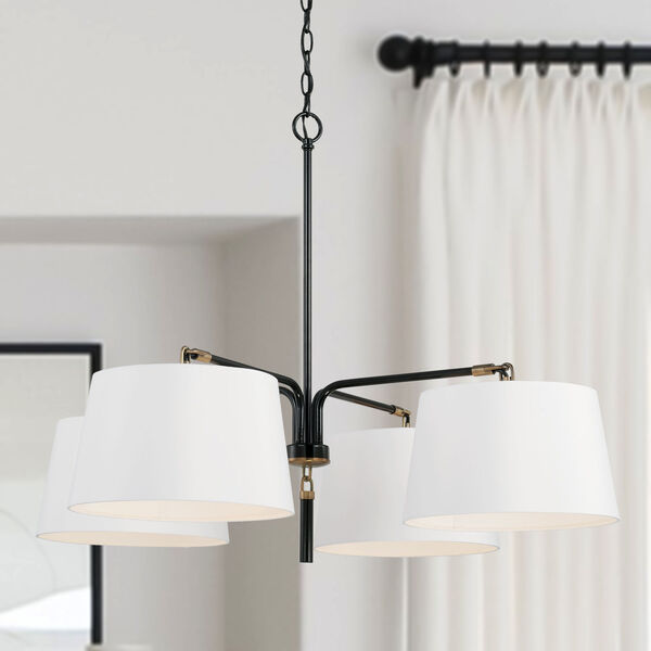 Beckham Glossy Black and Aged Brass Four-Light Chandelier with White Fabric Drum Shades, image 5