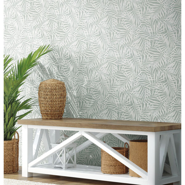 Waters Edge Light Green White Oahu Fronds Pre Pasted Wallpaper, image 3