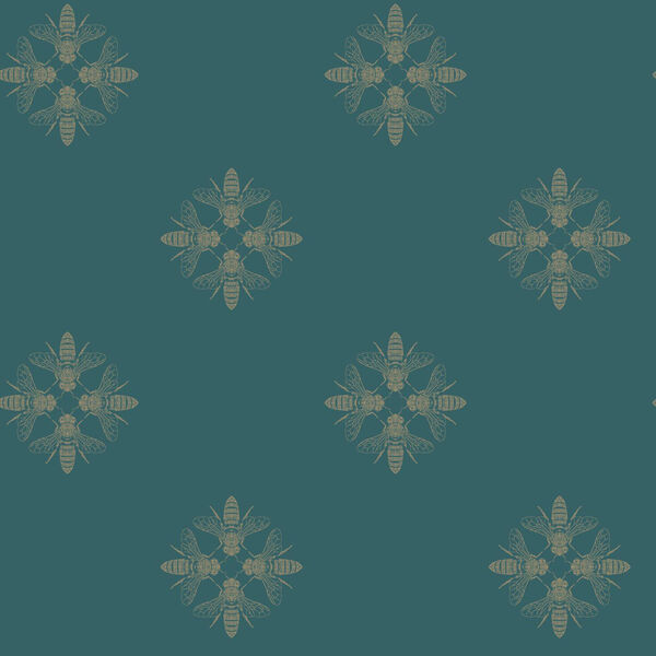 Outdoors In Honey Bee Gold and Teal Wallpaper - SAMPLE SWATCH ONLY, image 1