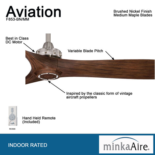Aviation 60-Inch Ceiling Fan in Brushed Nickel with Three Medium Maple Blades, image 7