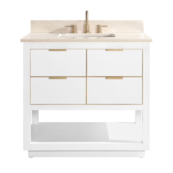 White 37-Inch Bath vanity with Gold Trim and Crema Marfil Marble Top, image 1