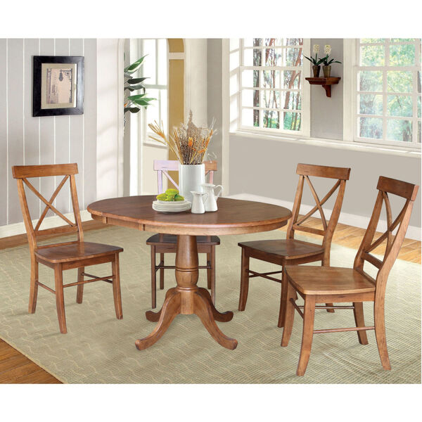 Distressed Oak 29-Inch Round Extension Dining Table with Four X-Back Chair, image 3