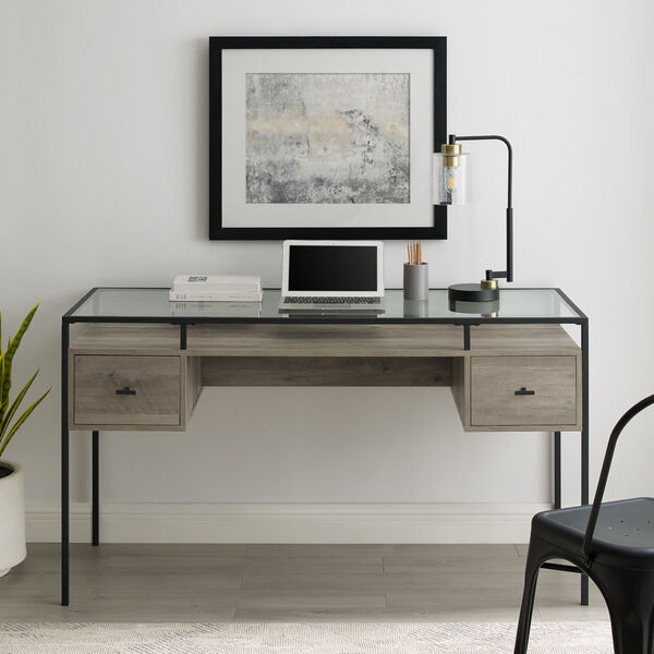 Fulton Gray and Black Two Drawer Desk with Glass Top, image 1