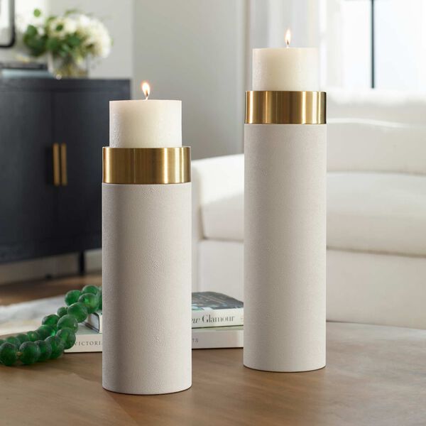 Wessex White Antique Brushed Brass Pillar Candleholders, Set Of Two, image 2