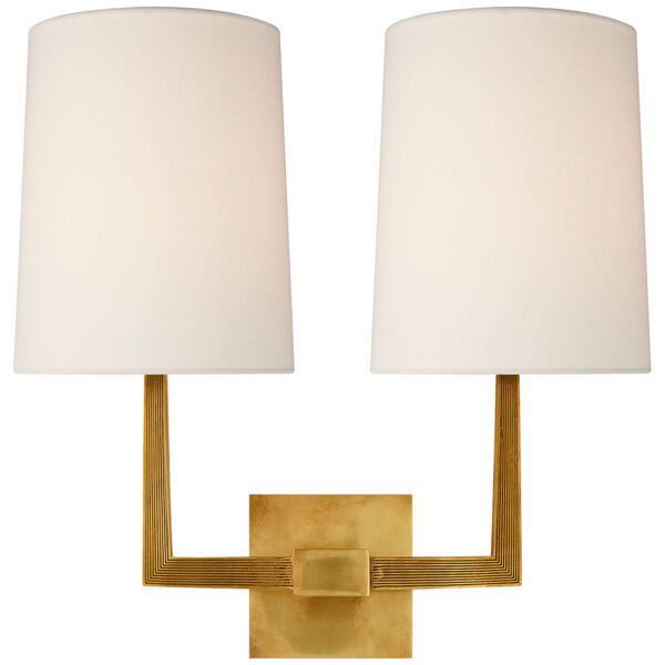 Ojai Large Double Sconce in Soft Brass with Linen Shade by Barbara Barry, image 1