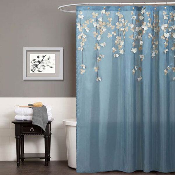 Flower Drops Federal Blue and White Shower Curtain, image 1