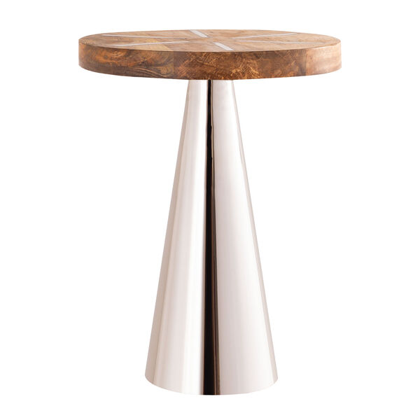 Roy Polished Nickel Cone-Shaped Side Table with Round Mango Wood Top, image 1