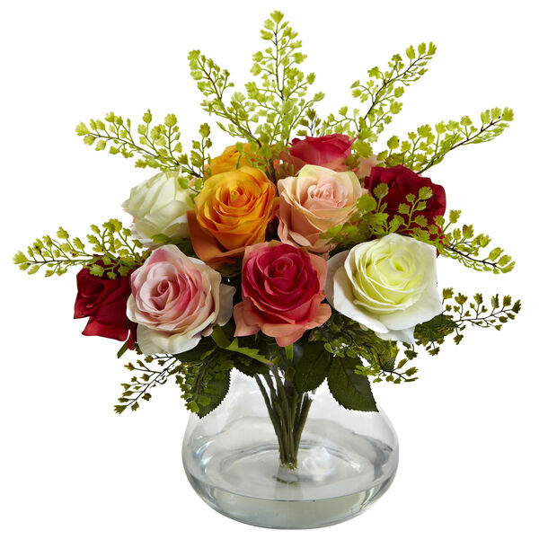 Multicolor Rose and Maiden Hair Arrangement with Vase, image 1