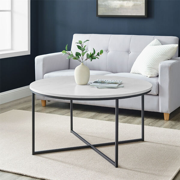Alissa Faux White Marble and Black Coffee Table with X-Base, image 3
