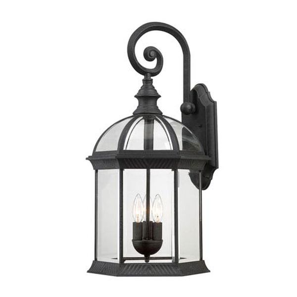 Boxwood Textured Black Finish Three Light Outdoor Wall Sconce with Clear Beveled Glass, image 1