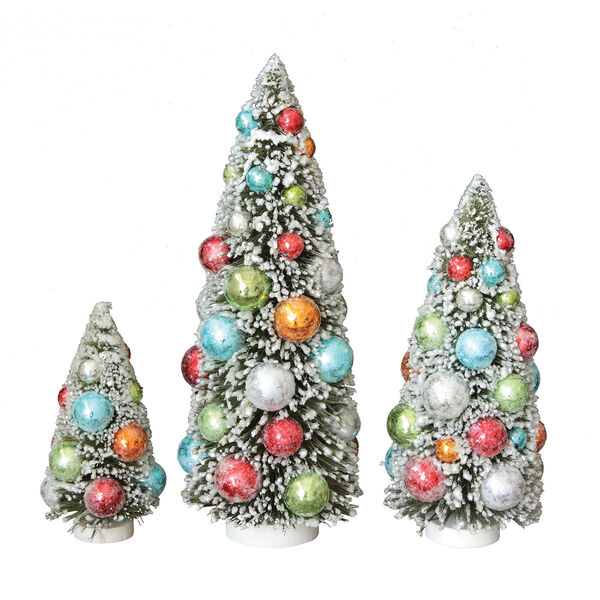 Whimsy Multi-Colored Bottle Brush Christmas Tree with Ornament and Snow Flocking on Wood Base, Set of 3, image 1