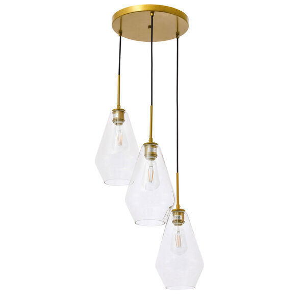 Gene Brass Three-Light Pendant with Clear Glass, image 5