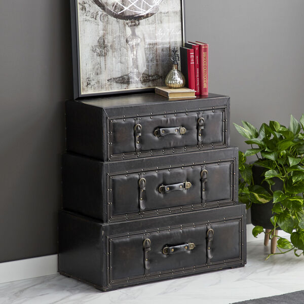 Black Faux Leather and Wood Traditional Chest, image 4