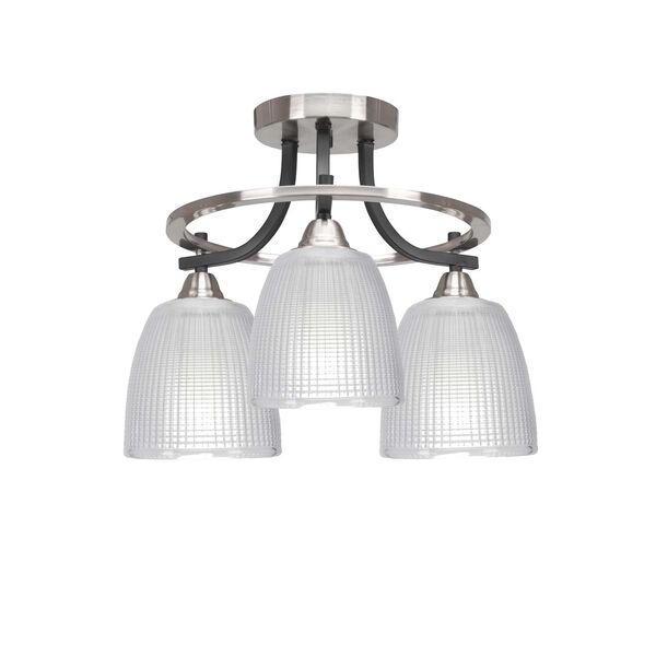Paramount Matte Black and Brushed Nickel Three-Light Semi-Flushe with Clear Ribbed Glass, image 1