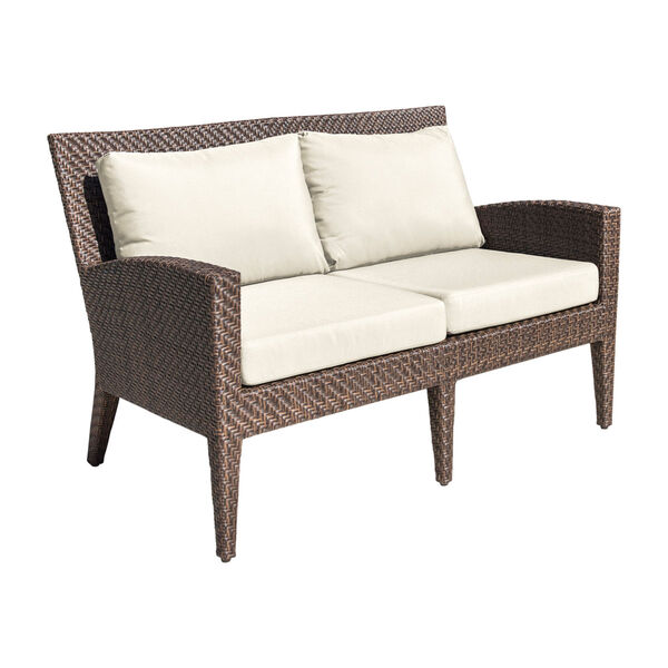 Oasis Java Brown Outdoor Loveseat with Sunbrella Linen Champagne cushion, image 1