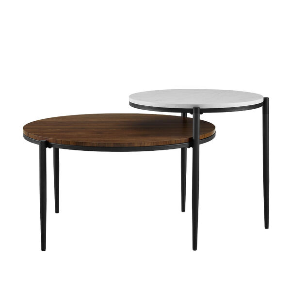 Ella Faux White Marble and Dark Walnut Round Two-Tiered Coffee Table, image 4