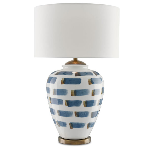 Brushstroke White and Blue and Antique Brass One-Light Table Lamp, image 1