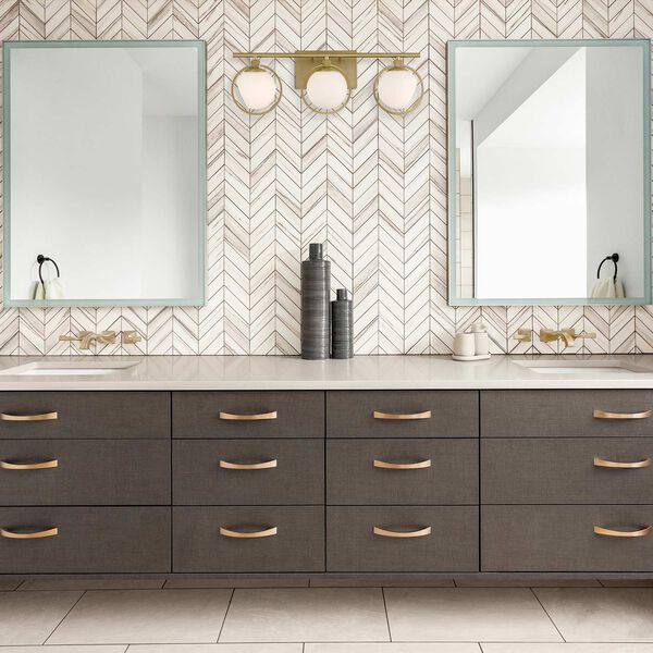 Teatro Brushed Gold Three-Light Bath Vanity with Etched Opal Glass Shades, image 2