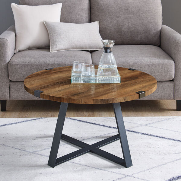 Rustic Oak and Black Round Coffee Table, image 9